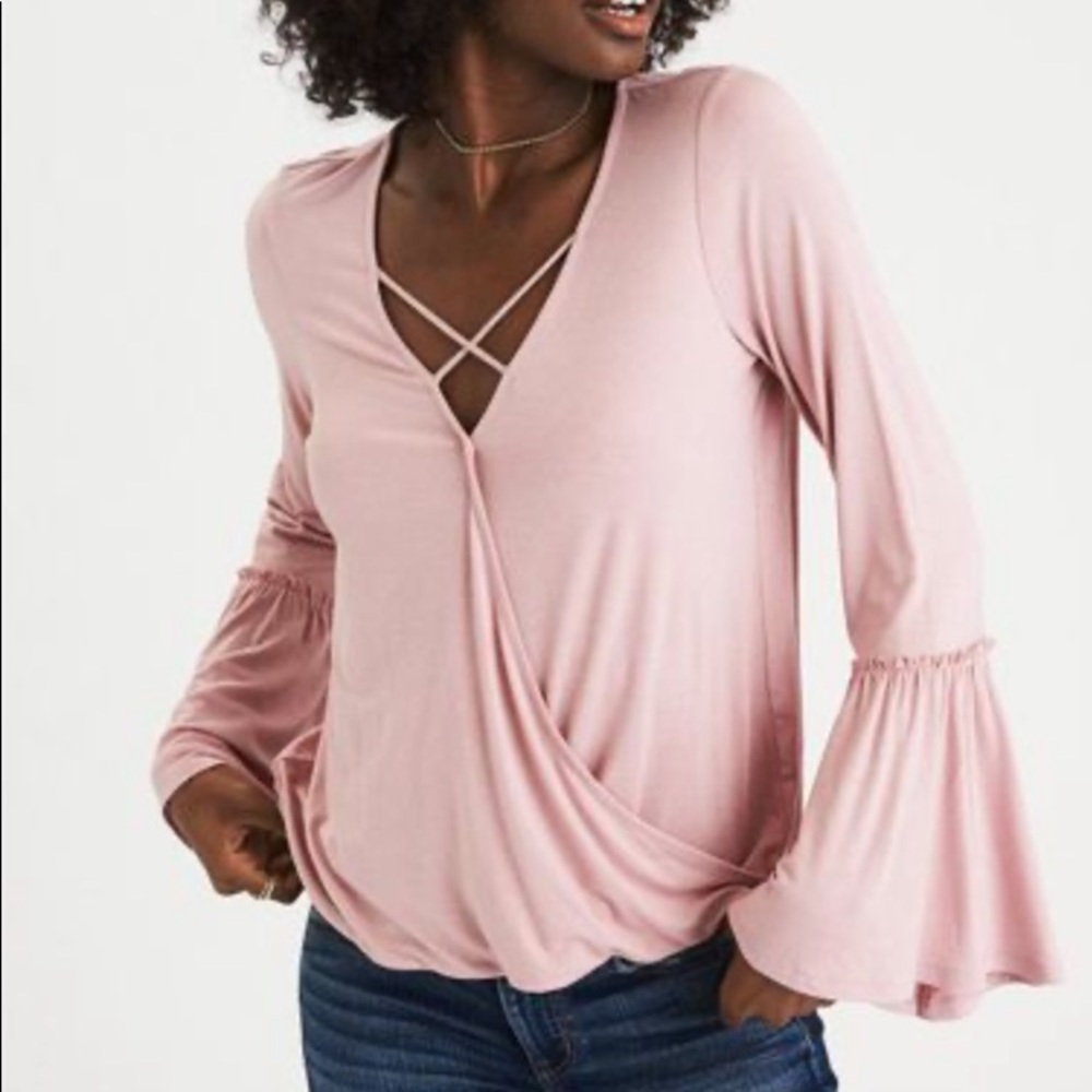 american eagle blush pink bell sleeve top